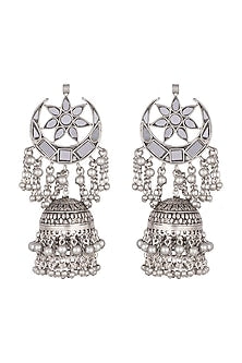 Antique Silver Finish Mirror Long Jhumka Earrings