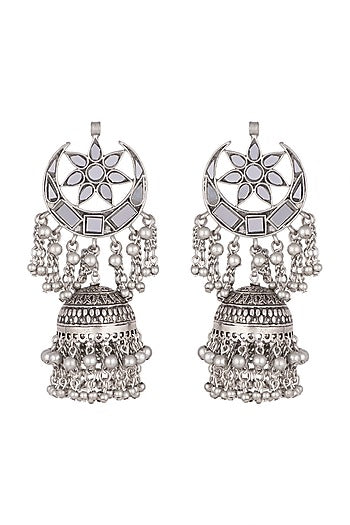 Antique Silver Finish Mirror Long Jhumka Earrings