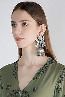 Antique Silver Finish Mirror Long Jhumka Earrings