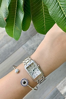 White Finish Evil Eye Bangle In Sterling Silver