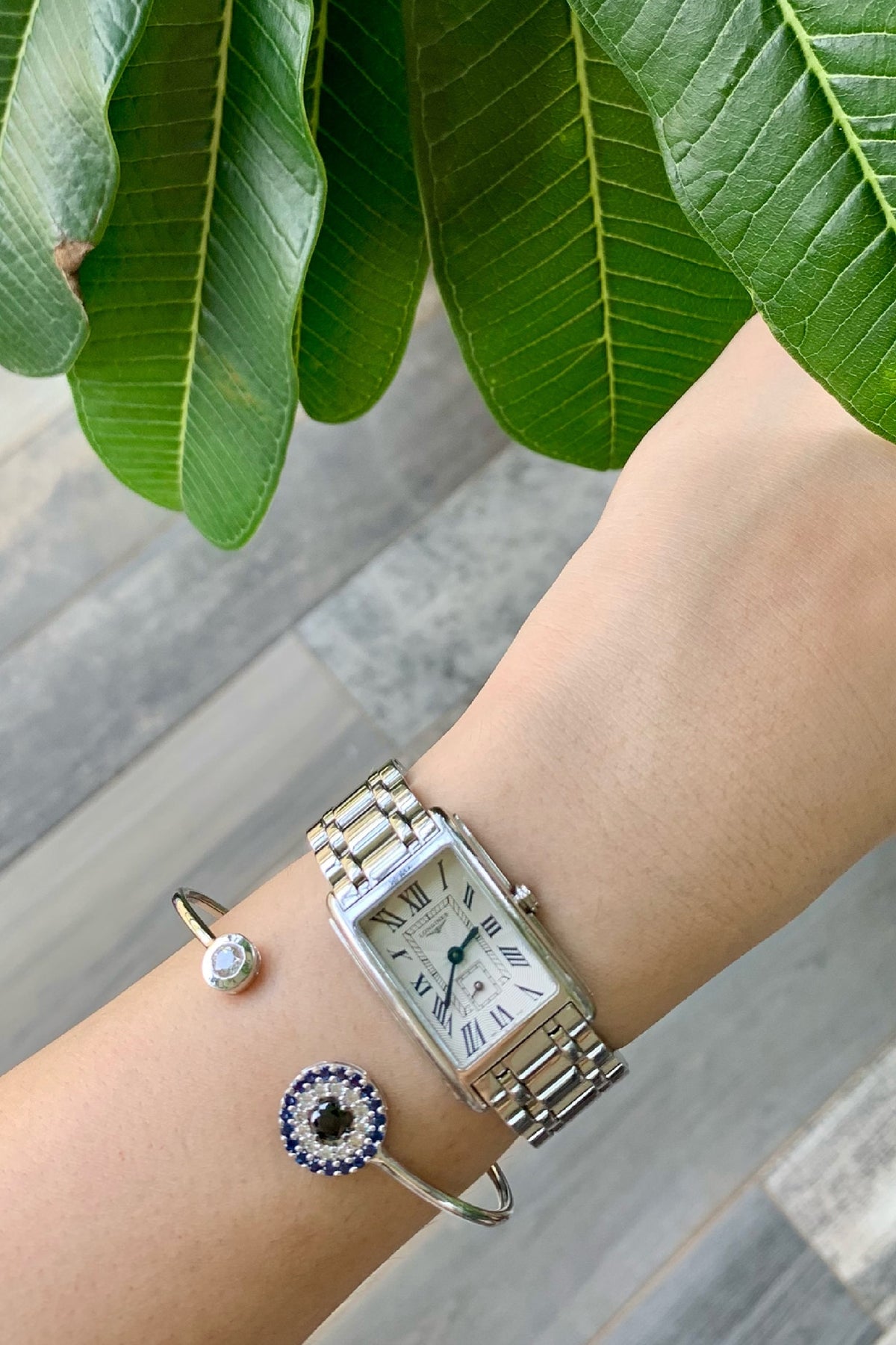 White Finish Evil Eye Bangle In Sterling Silver