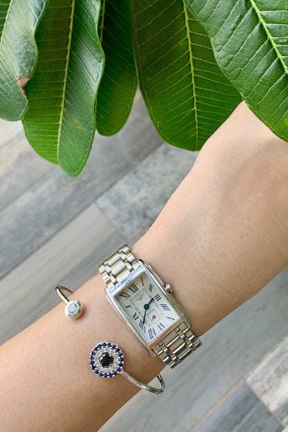 White Finish Evil Eye Bangle In Sterling Silver