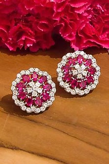 White Finish Pink Stones Stud Earrings In Sterling Silver