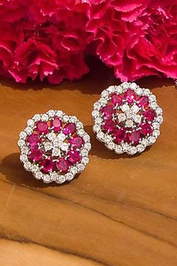 White Finish Pink Stones Stud Earrings In Sterling Silver