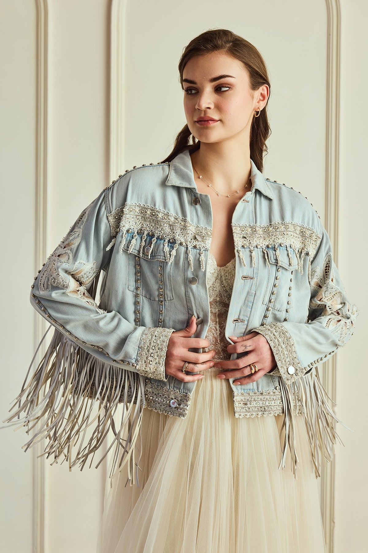 Light Blue Washed Denim Hand Embroidered Fringed Jacket