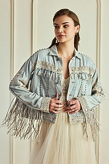 Light Blue Washed Denim Hand Embroidered Fringed Jacket