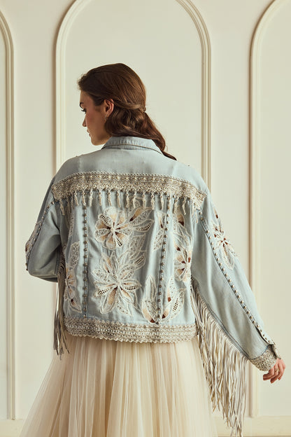 Light Blue Washed Denim Hand Embroidered Fringed Jacket