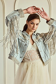 Light Blue Washed Denim Hand Embroidered Fringed Jacket