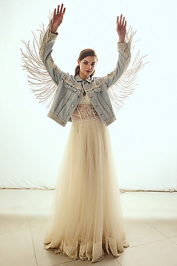 Light Blue Washed Denim Hand Embroidered Fringed Jacket