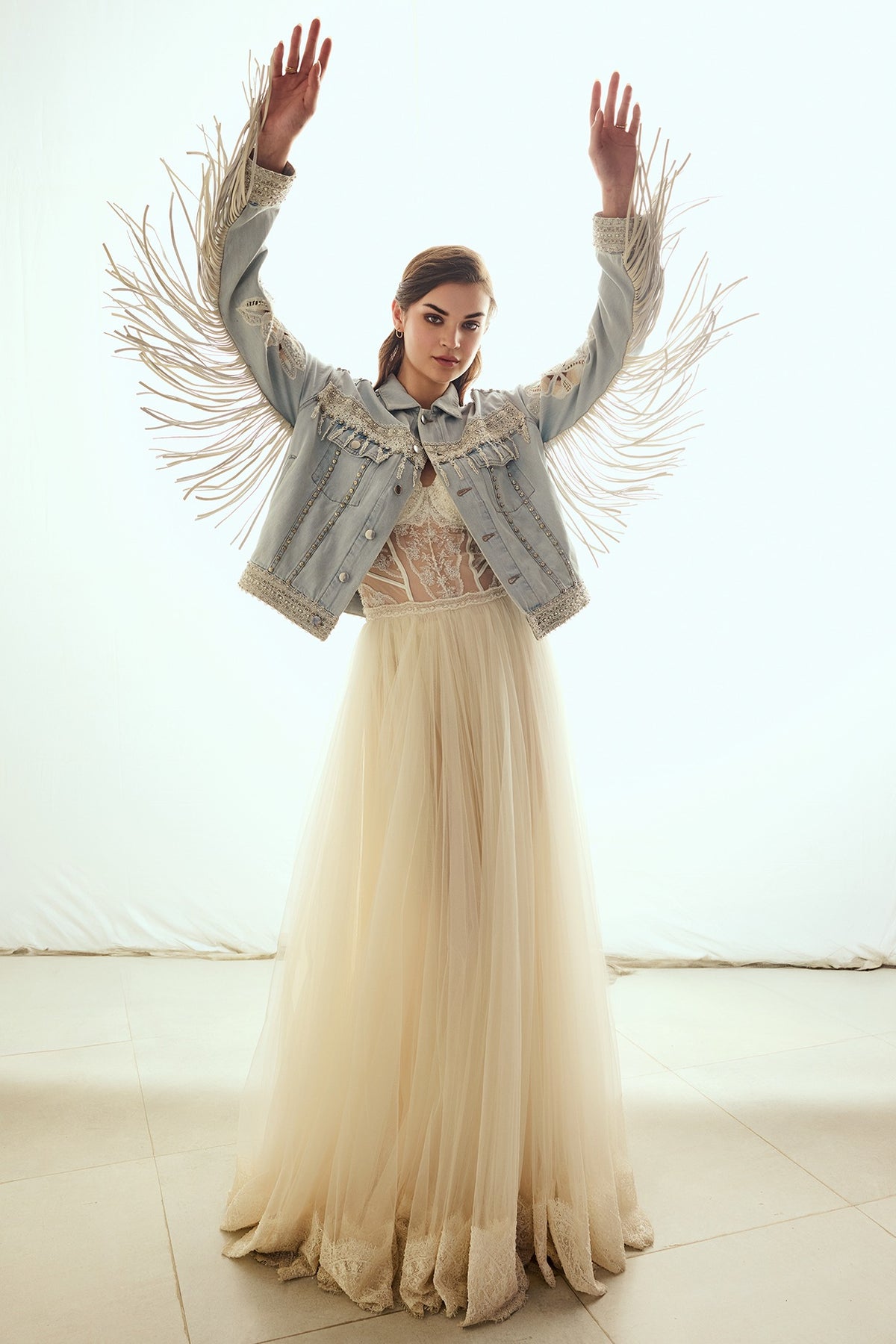 Light Blue Washed Denim Hand Embroidered Fringed Jacket