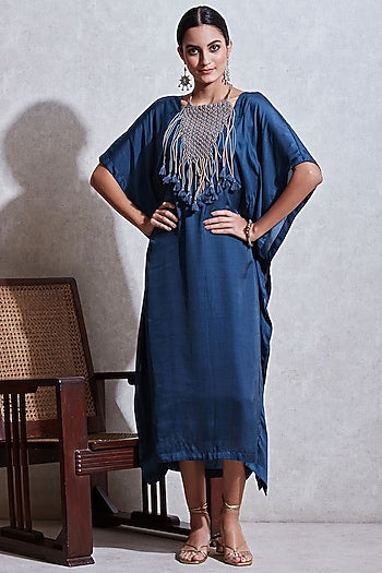 Blue Long Kaftan With Attached Necklace