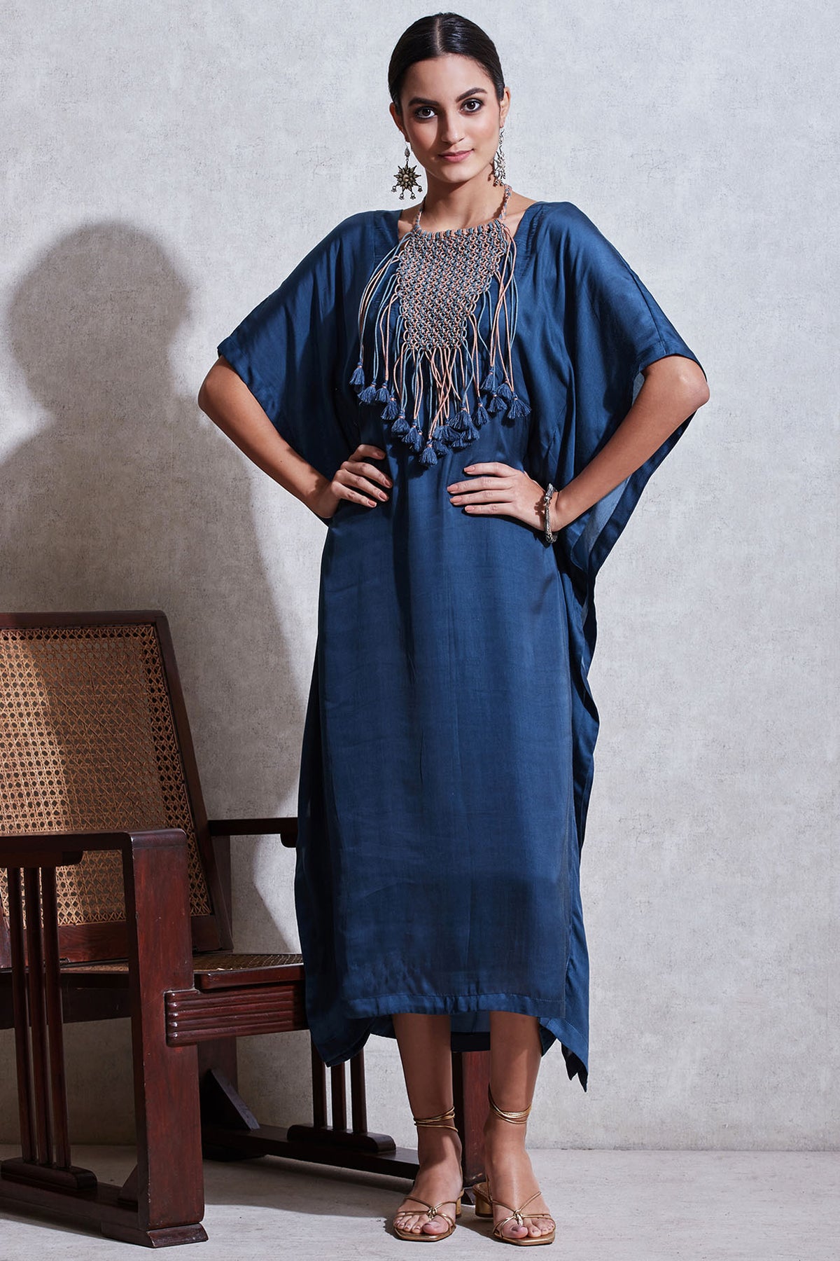 Blue Long Kaftan With Attached Necklace