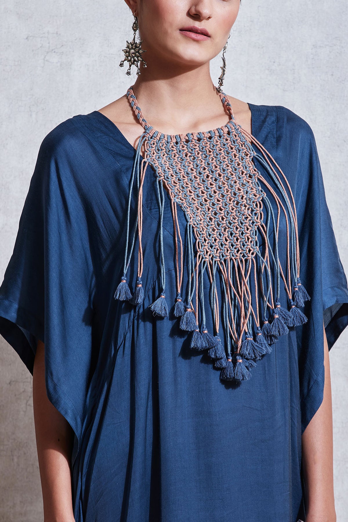 Blue Long Kaftan With Attached Necklace