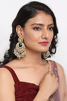 Gold Finish Multi-Colored Kundan Polki Chandbali Earrings