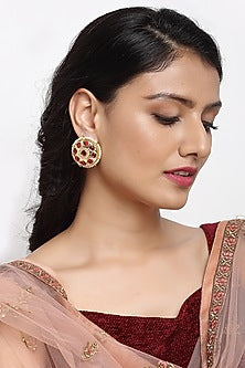 Gold Finish Red Kundan Polki Stud Earrings