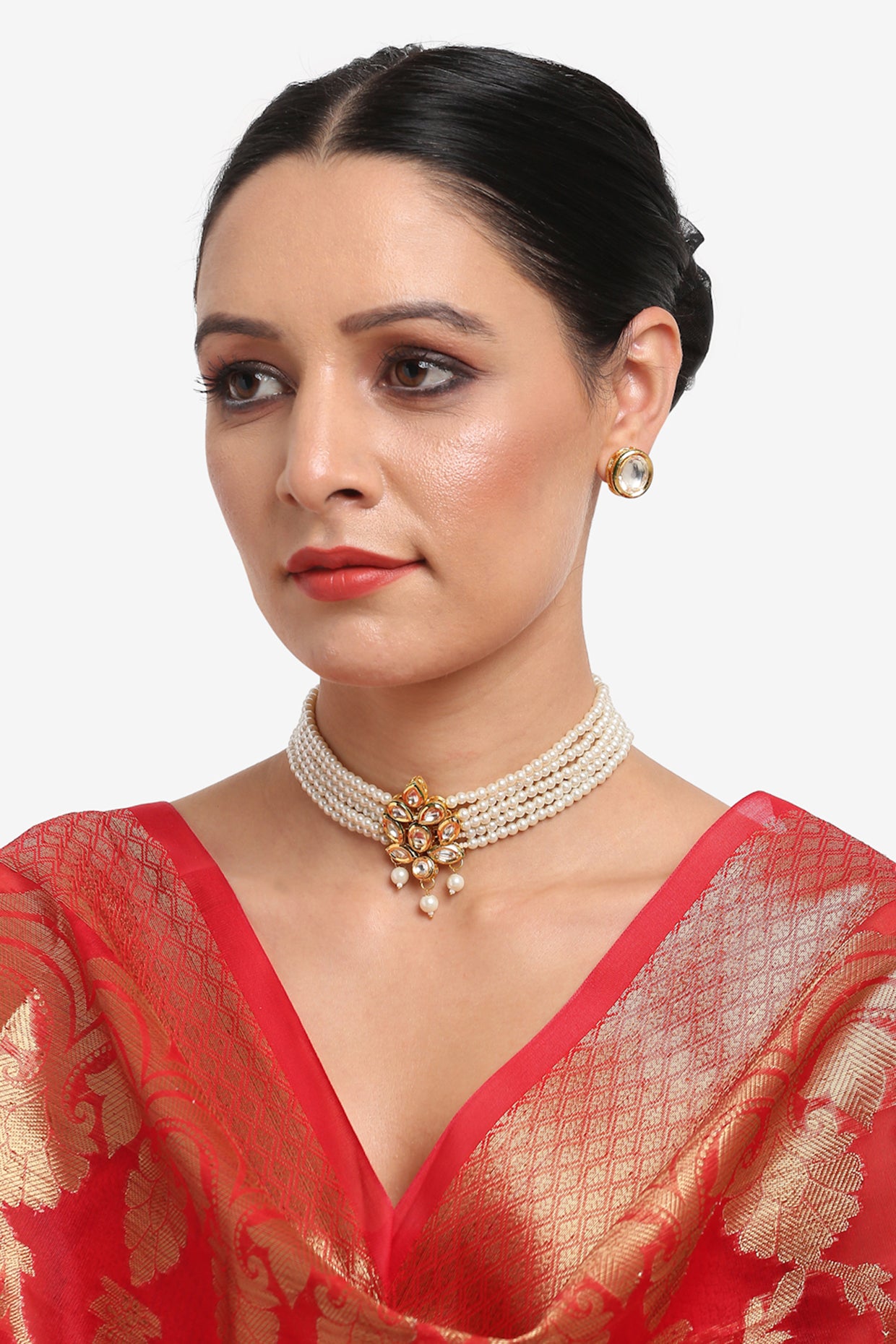 Gold Finish Kundan Polki & Pearl Choker Necklace Set