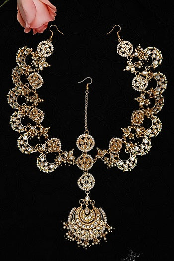 Gold Finish Kundan Polki & Pearl Mathapatti