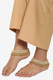 Gold Finish Ghungroo & Diamond Anklets (Set of 2)