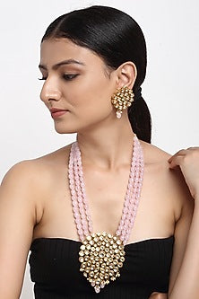 Gold Finish Kundan Polki & Pink Stone Long Necklace Set