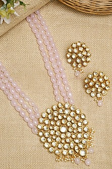 Gold Finish Kundan Polki & Pink Stone Long Necklace Set