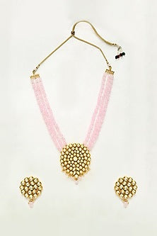 Gold Finish Kundan Polki & Pink Stone Long Necklace Set