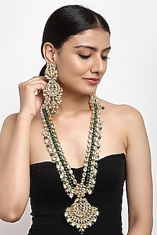 Gold Finish Kundan Polki & Emerald Stone Long Necklace Set