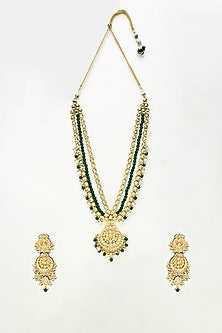 Gold Finish Kundan Polki & Emerald Stone Long Necklace Set
