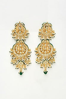 Gold Finish Kundan Polki & Emerald Stone Long Necklace Set
