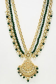 Gold Finish Kundan Polki & Emerald Stone Long Necklace Set