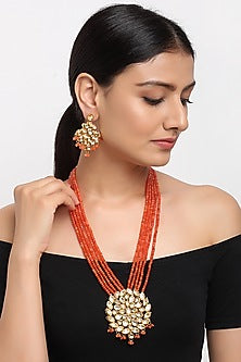 Gold Finish Orange Kundan Polki Long Necklace Set