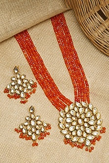 Gold Finish Orange Kundan Polki Long Necklace Set