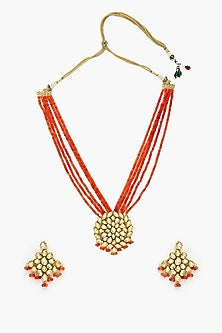 Gold Finish Orange Kundan Polki Long Necklace Set