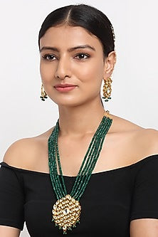 Gold Finish Kundan Polki & Emerald Long Necklace Set