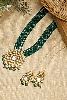 Gold Finish Kundan Polki & Emerald Long Necklace Set