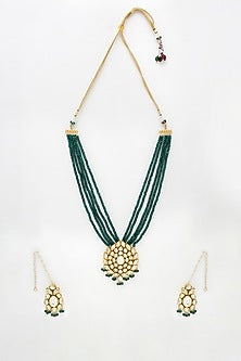 Gold Finish Kundan Polki & Emerald Long Necklace Set