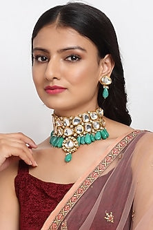 Gold Finish Kundan Polki & Emerald Chunky Beaded Choker Necklace Set