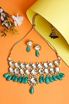 Gold Finish Kundan Polki & Emerald Chunky Beaded Choker Necklace Set
