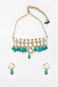 Gold Finish Kundan Polki & Emerald Chunky Beaded Choker Necklace Set