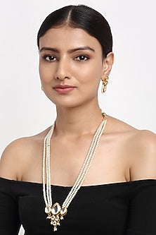 Gold Finish Kundan Polki & Pearl Long Necklace Set