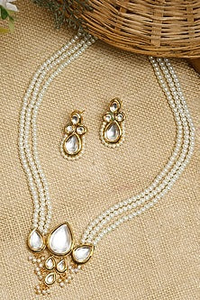 Gold Finish Kundan Polki & Pearl Long Necklace Set