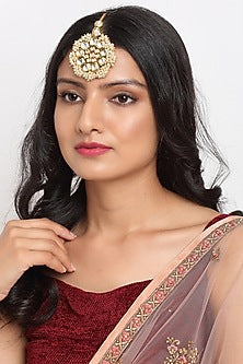 Gold Finish Kundan Polki & Pearl Maang Tikka