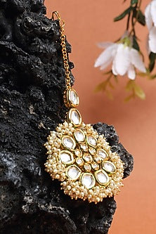 Gold Finish Kundan Polki & Pearl Maang Tikka