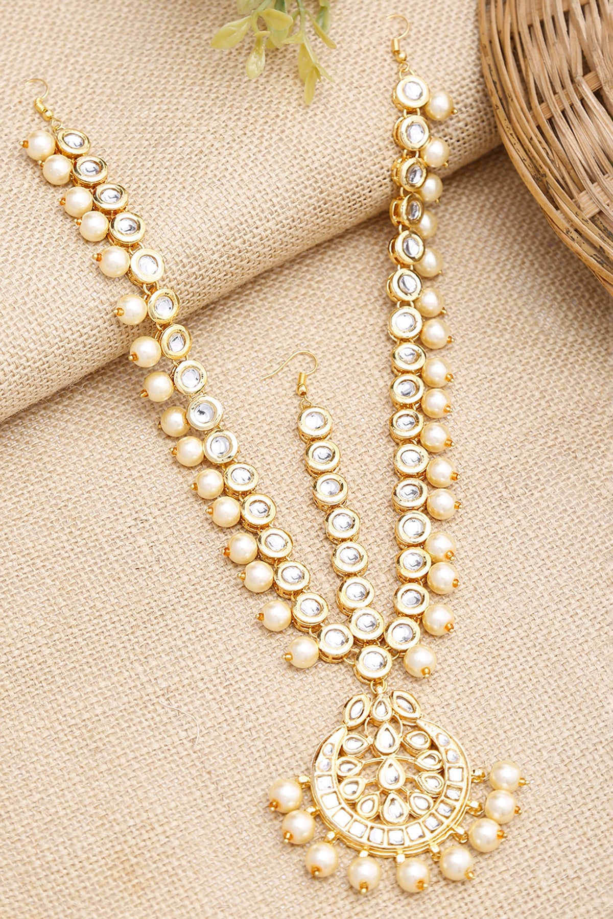 Gold Finish Kundan Polki & Pearl Mathapatti