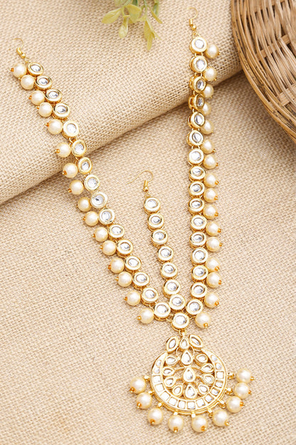 Gold Finish Kundan Polki & Pearl Mathapatti