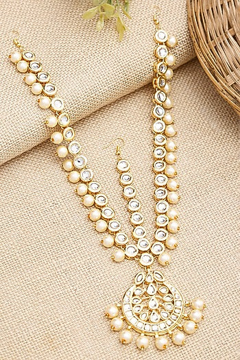 Gold Finish Kundan Polki & Pearl Mathapatti
