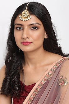 Gold Finish Kundan Polki & Pearl Maang Tikka