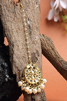 Gold Finish Kundan Polki & Pearl Maang Tikka