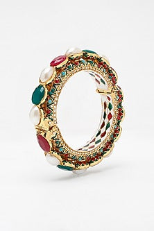 Gold Finish Multi-Colored Kundan Polki Openable Bangle