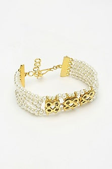 Gold Finish Kundan Polki & Pearl Bracelet