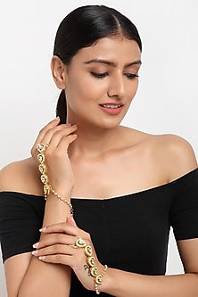 Gold Finish Kundan Polki & Diamond Hand Harness (Set Of 2)